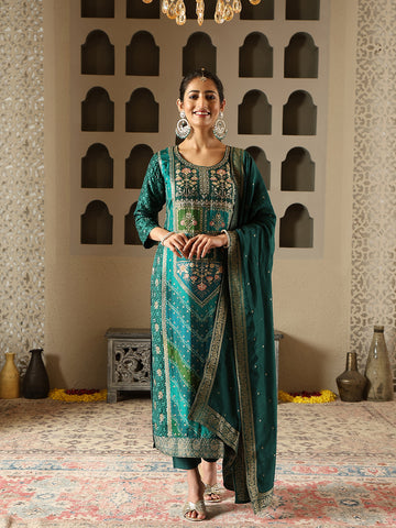 Banarasi Printed Woven Embroidery Kurta With Pants & Dupatta