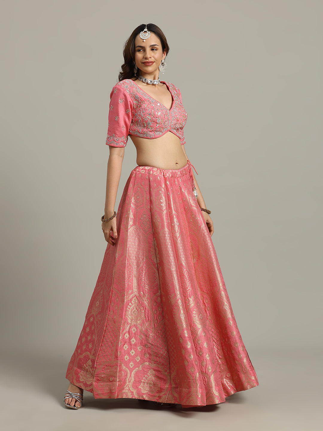 Embroidered Banarasi Choli With Lehenga &amp; Dupatta