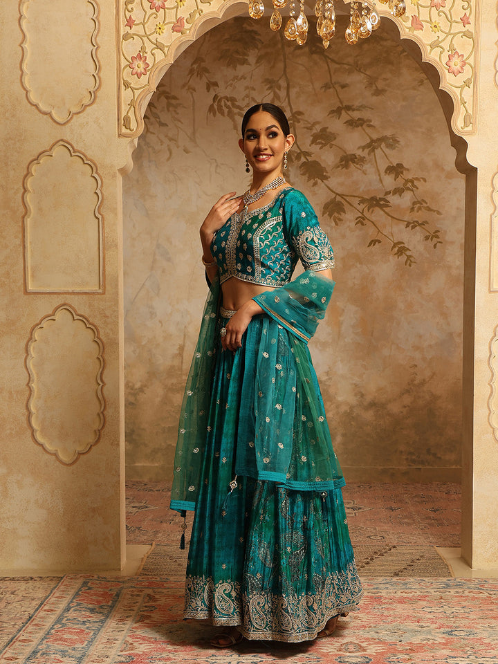 Zari Embroidered &amp; Printed Crepe Choli With Lehenga &amp; Dupatta