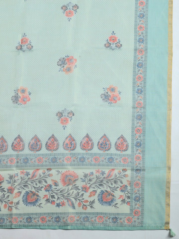 Printed Linen Blend Unstitched Suit With Pant &amp; Dupatta