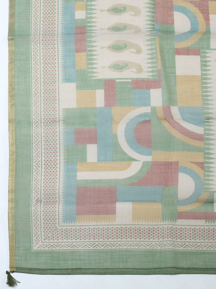 Printed Linen Blend Unstitched Suit With Pant &amp; Dupatta