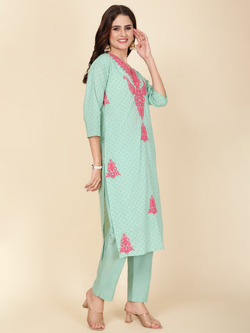 Printed & Neck Embroidered Cotton Kurta Set