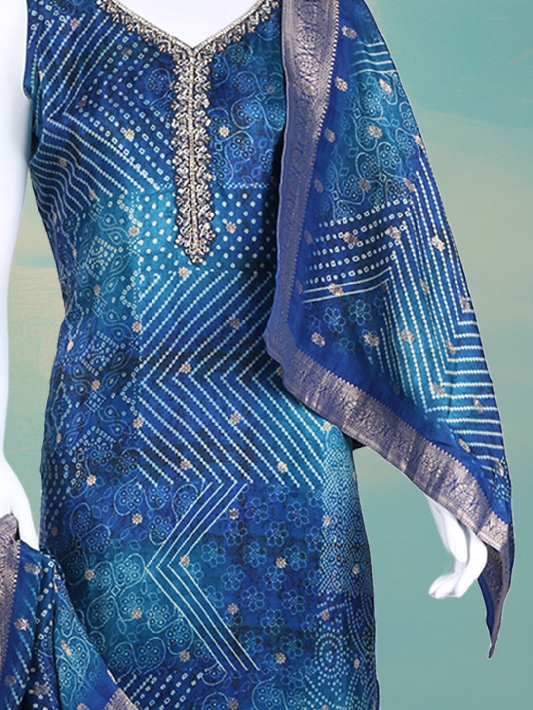 Bandhani Printed Art Silk Kurta With Pants & Dupatta