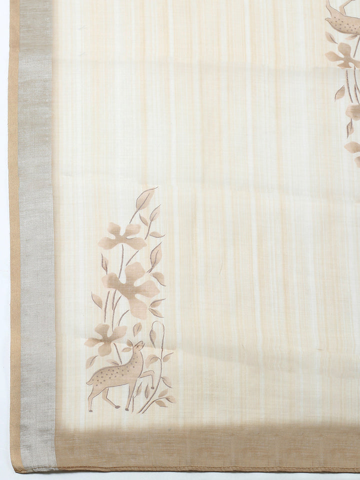 Printed Linen Blend Unstitched Suit With Pant &amp; Dupatta