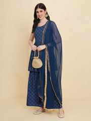 Printed Cotton Blend Blue Suit With Pant & Dupatta