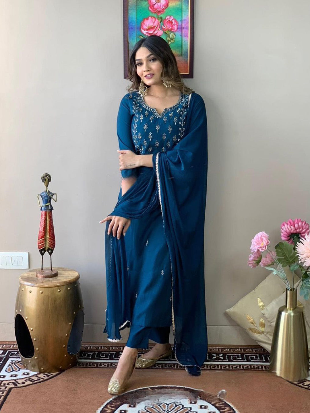Neck Embroidery Cotton Blend Kurta With Pants &amp; Dupatta