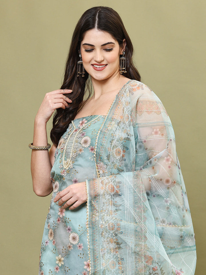 Neck Embroidered Organza Unstitched Suit Piece With Dupatta