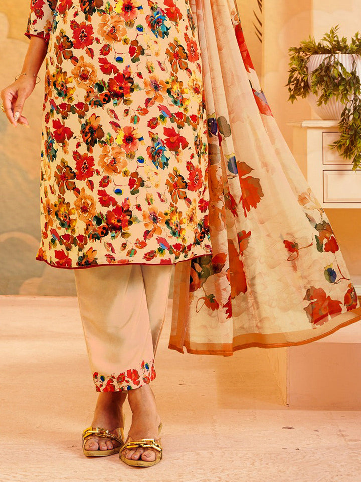 Printed Crepe Unstitched Suit With Pant &amp; Dupatta