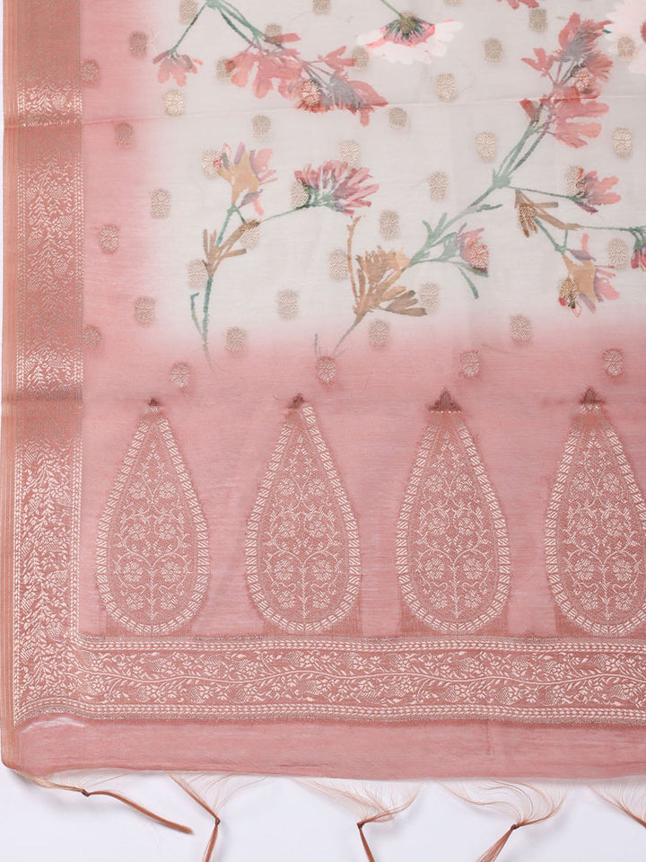 Embroidered Chanderi Unstitched Suit With Pant &amp; Dupatta