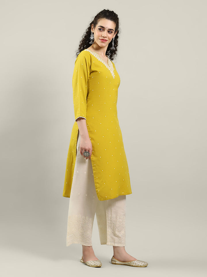 Neck Embroidered Cotton Blend Kurta With Palazzo
