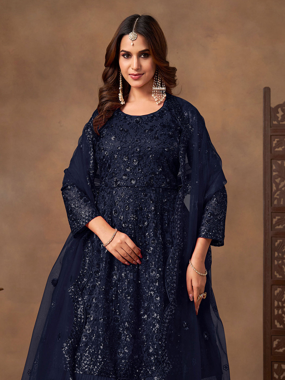 Embroidered Net Semi Stitched Kurta With Sharara &amp; Dupatta