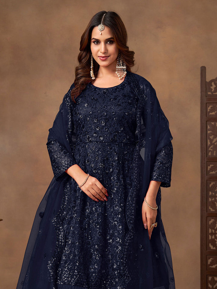 Embroidered Net Semi Stitched Kurta With Sharara &amp; Dupatta