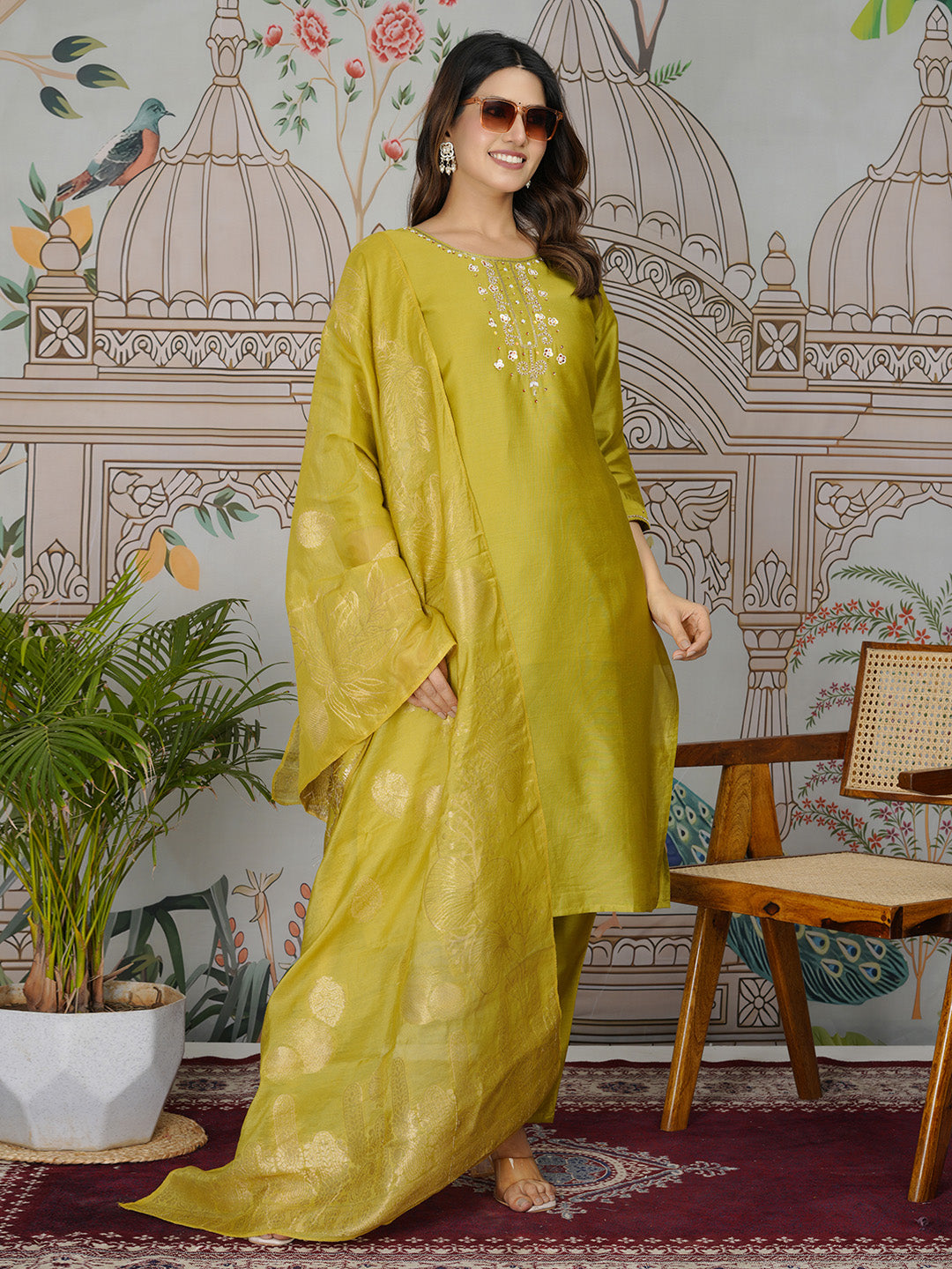 Embroidered Tissue Kurta With Pants &amp; Dupatta
