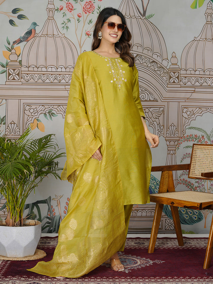Embroidered Tissue Kurta With Pants &amp; Dupatta