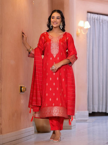 Banarsi Weave Art Silk Kurta With Pants & Dupatta