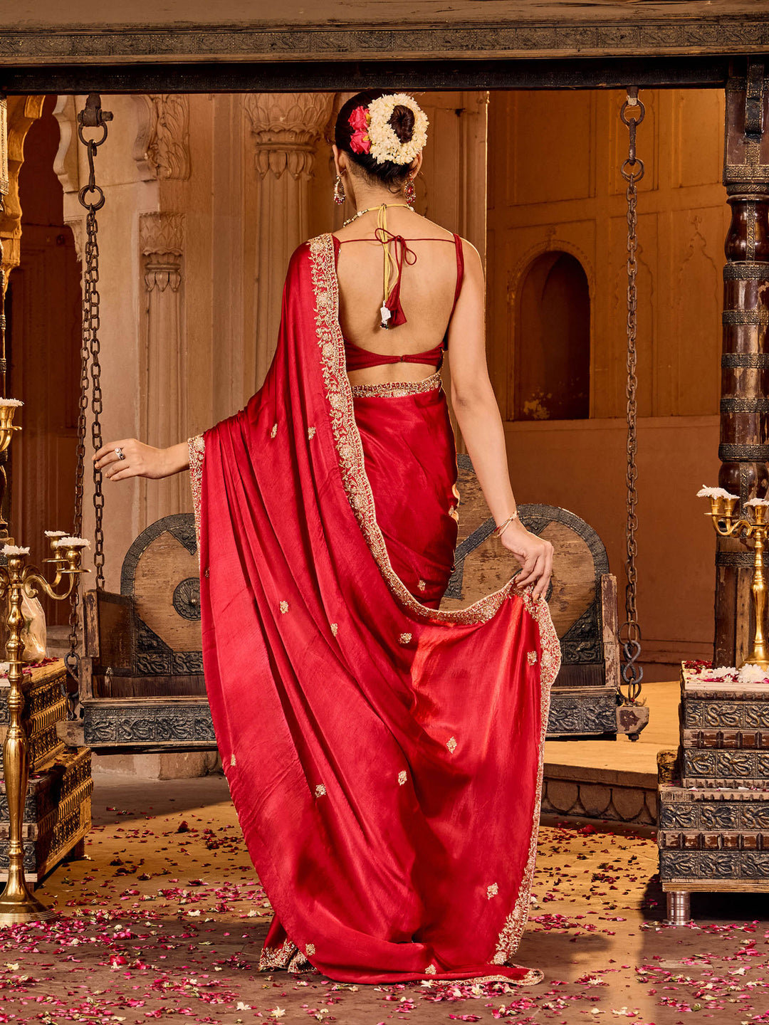 Hot Pink Chinon Embroidered Saree