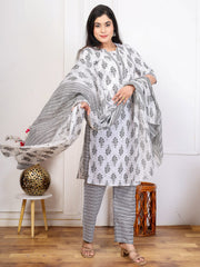 Embroidered Cotton Blend Kurta With Pant & Dupatta