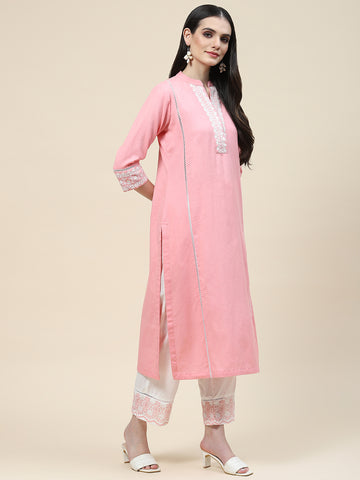 Embroidered Cotton Kurta With Pants