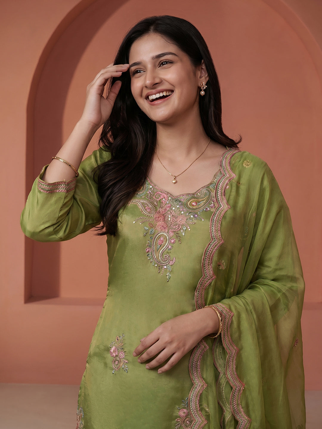 Embroidered Tissue Suit Set With Dupatta