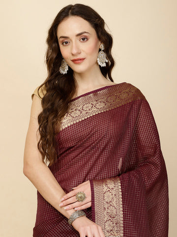 Check Pattern Plain Woven Georgette Saree