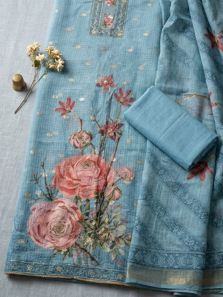 Embroidered Cotton Blend Unstitched Suit With Pant &amp; Dupatta