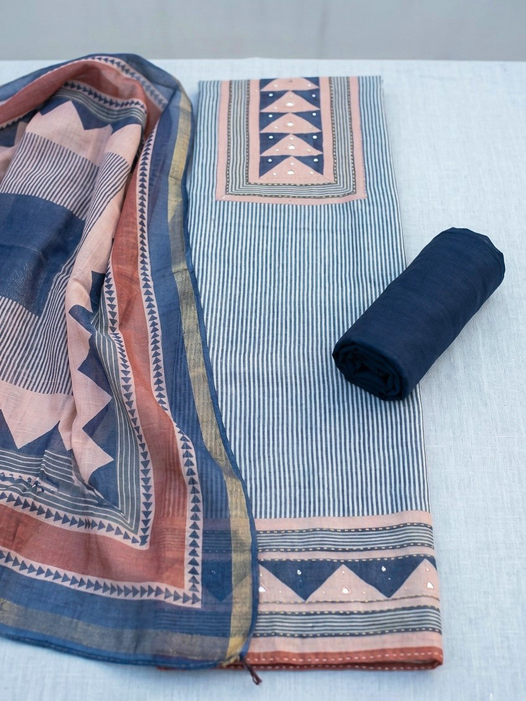 Printed Linen Blend Unstitched Suit With Pant &amp; Dupatta