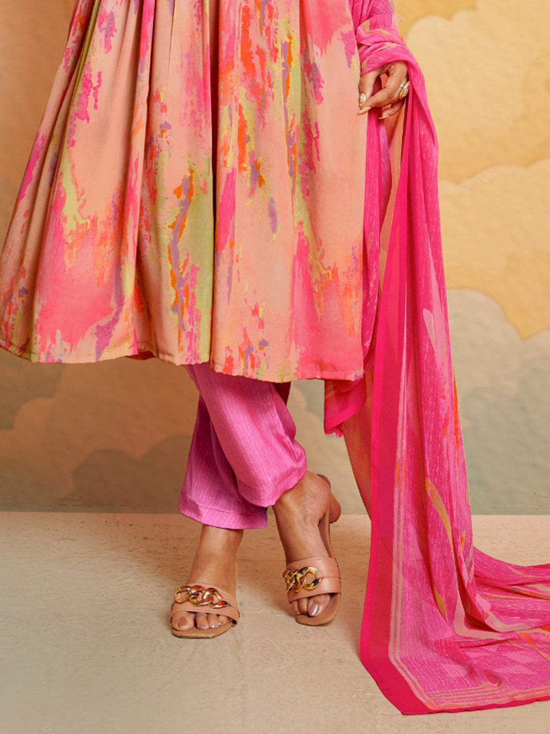 Printed Crepe Unstitched Suit With Pant &amp; Dupatta