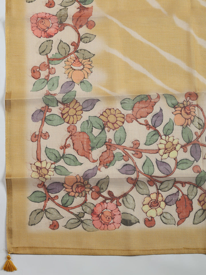 Printed Linen Blend Unstitched Suit With Pant &amp; Dupatta
