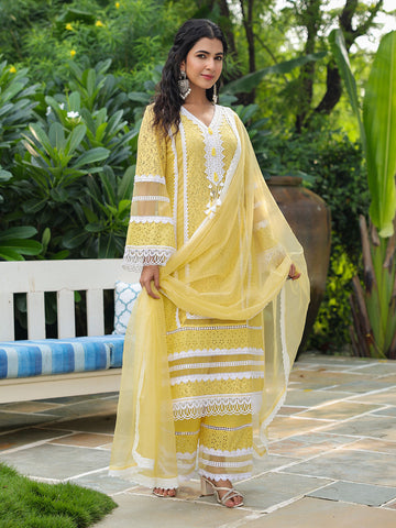 Embroidered Cotton Kurta With Pants & Dupatta