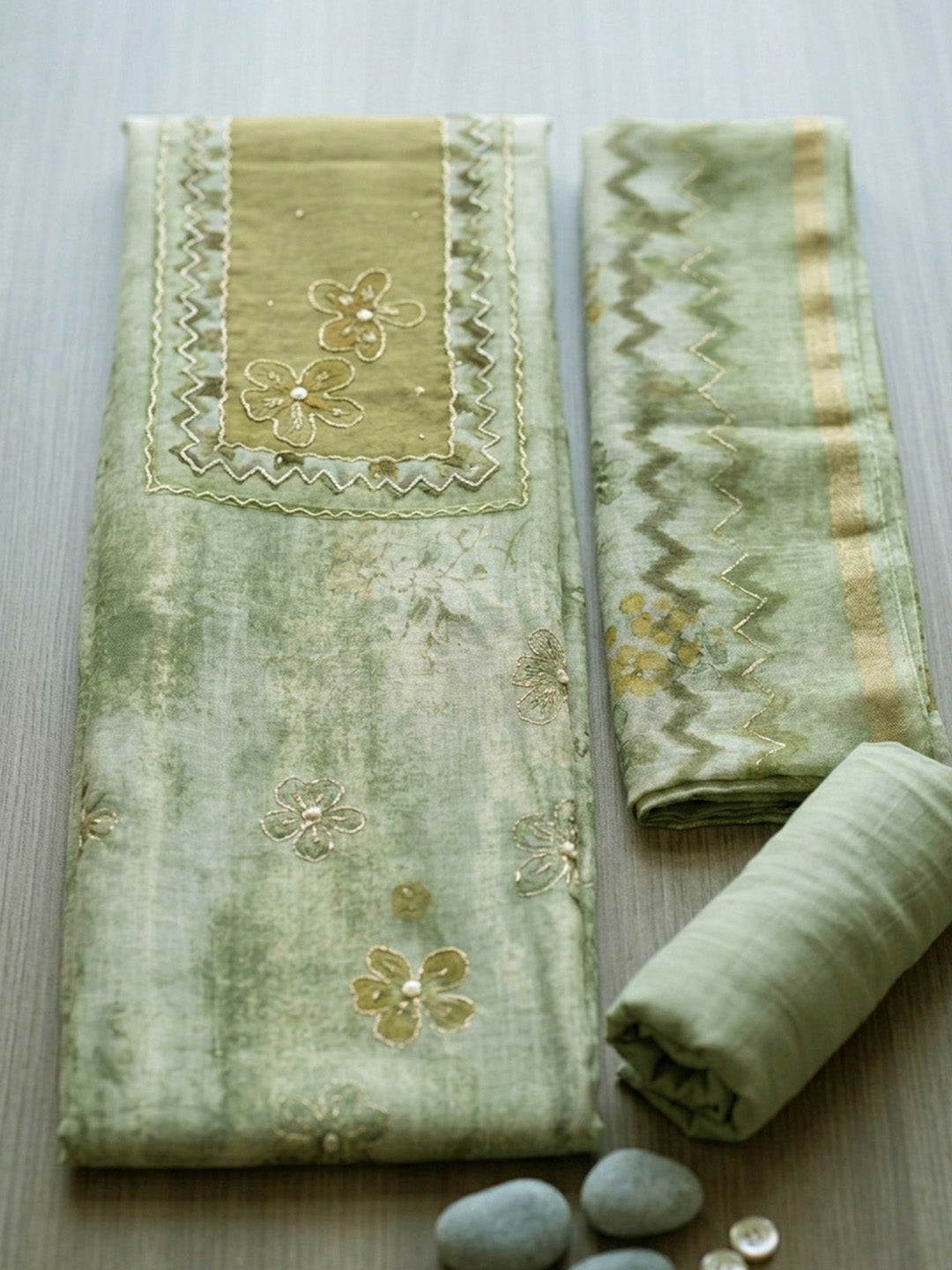 Printed Linen Blend Unstitched Suit With Pant &amp; Dupatta