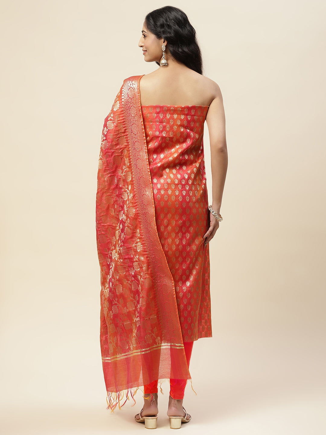 Rust Woven Design Chanderi Unstitched Dress Material