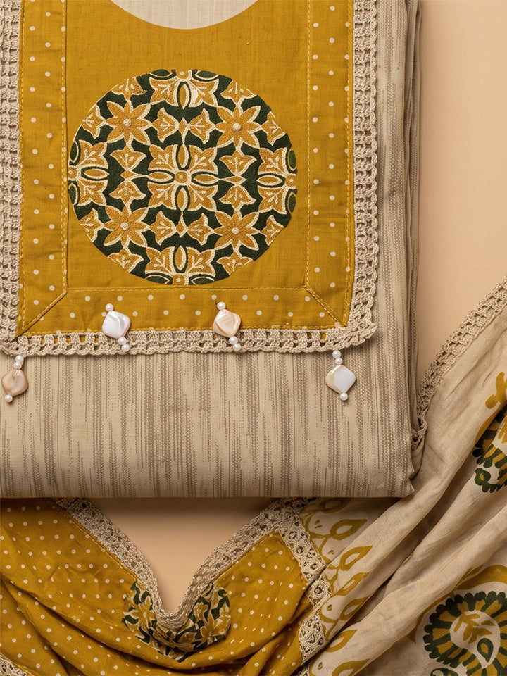 Beige Cotton Blend Embroidered Unstitched Dress Material