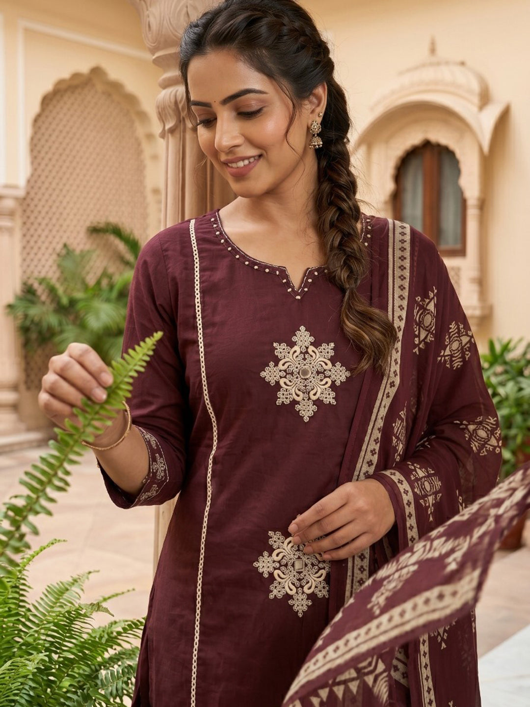 Neck Embroidered Cotton Blend Kurta With Pant &amp; Dupatta