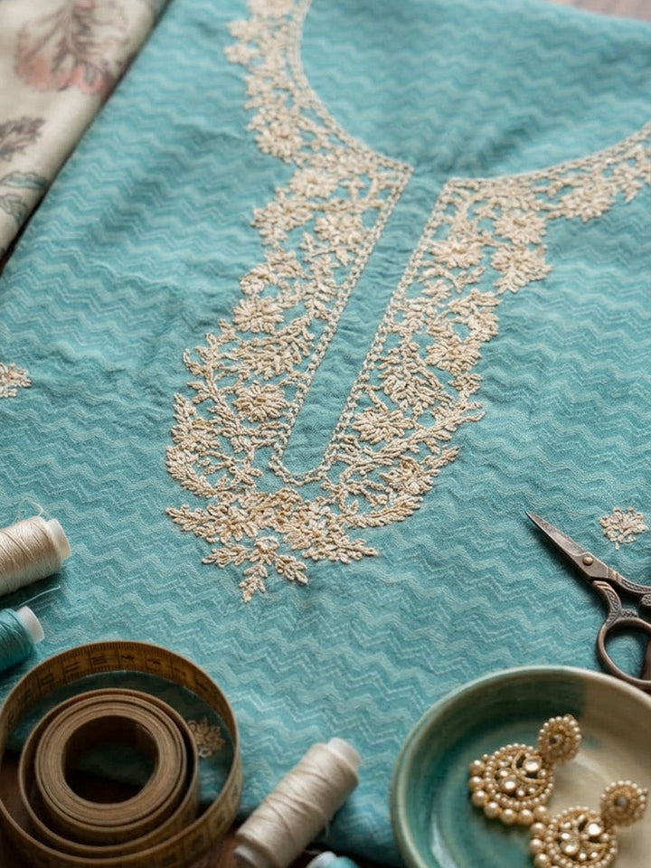 Embroidered Chanderi Unstitched Suit With Pant &amp; Dupatta