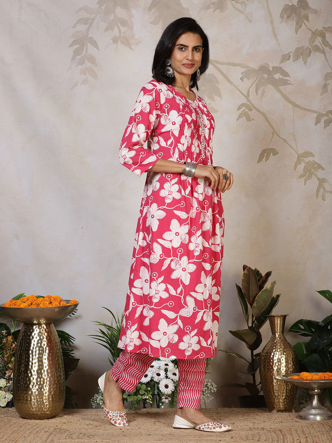 Printed Cotton Blend Kurta With Pants & Dupatta