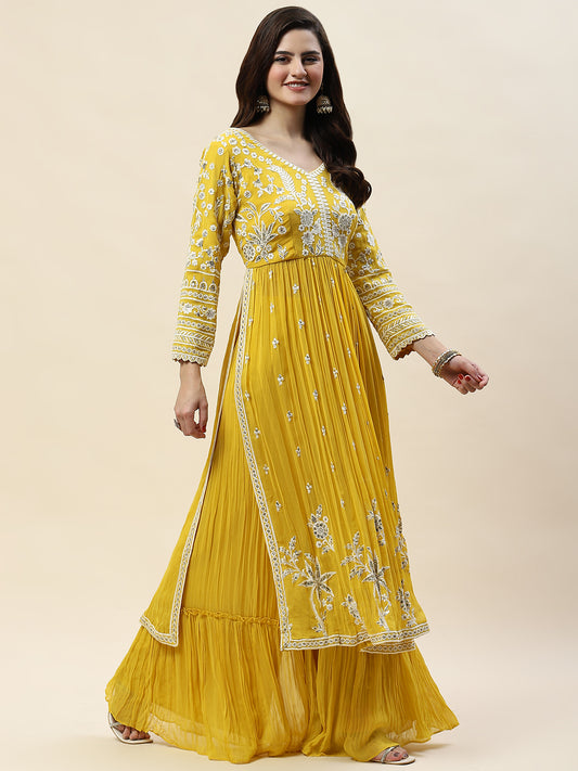 Sequin Embroidery Georgette Kurta With Sharara & Dupatta