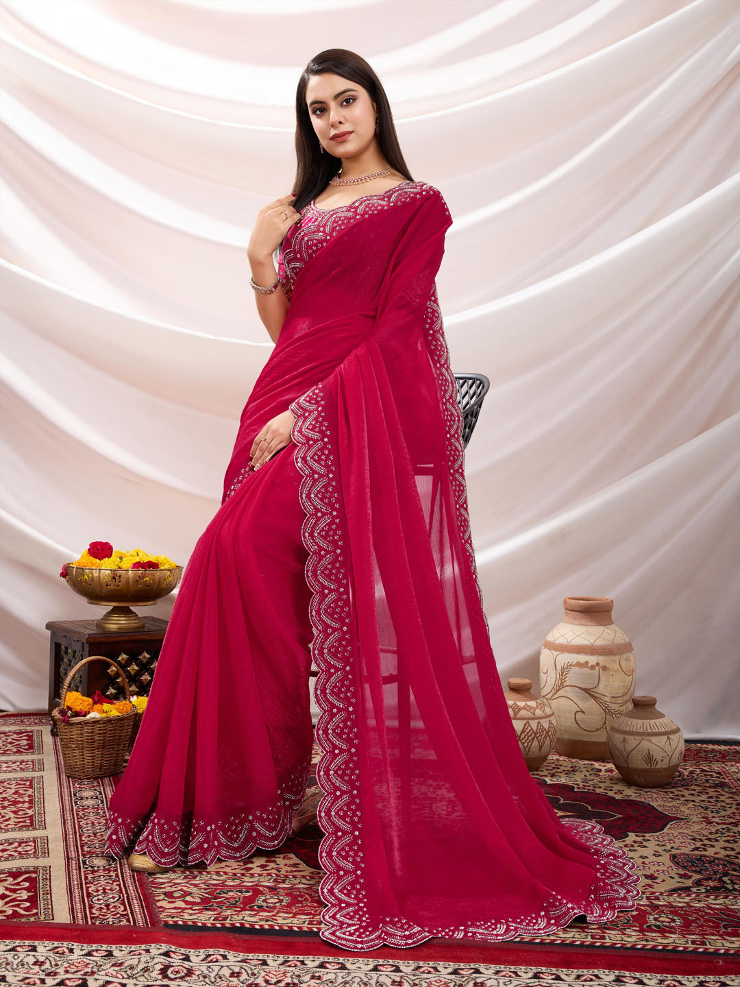 Embroidered Satin Velvet Saree