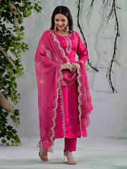 Neck Embroidery Cotton Blend Kurta With Pants & Dupatta