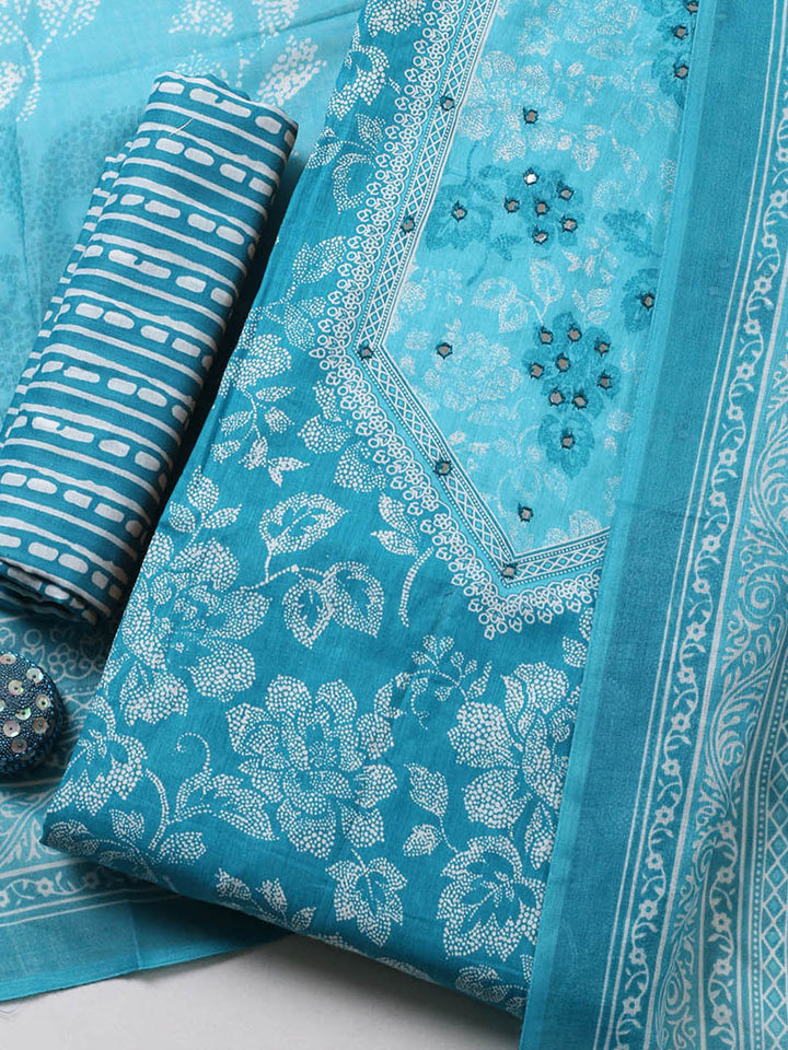 Printed Cotton Blend Unstitched Suit With Pant &amp; Dupatta