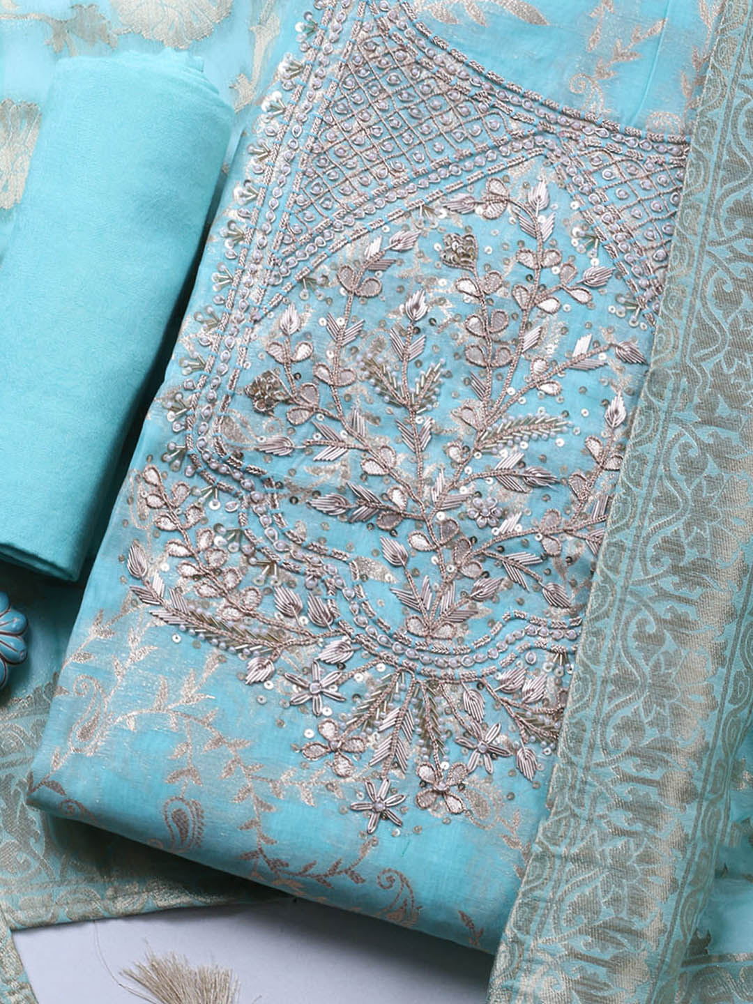 Embroidered Chanderi Unstitched Suit With Pant &amp; Dupatta