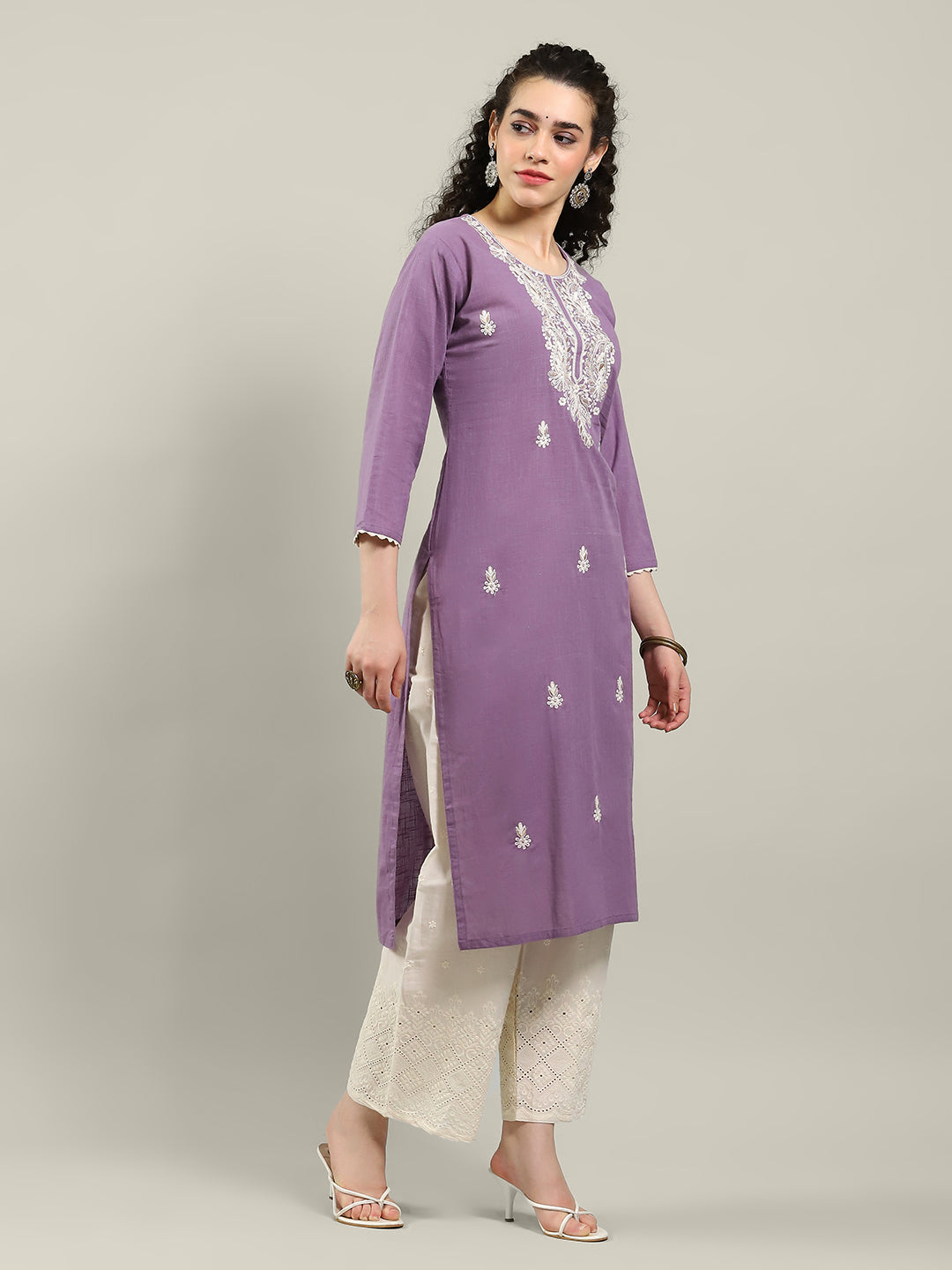 Neck Embroidered Cotton Blend Kurta With Pants