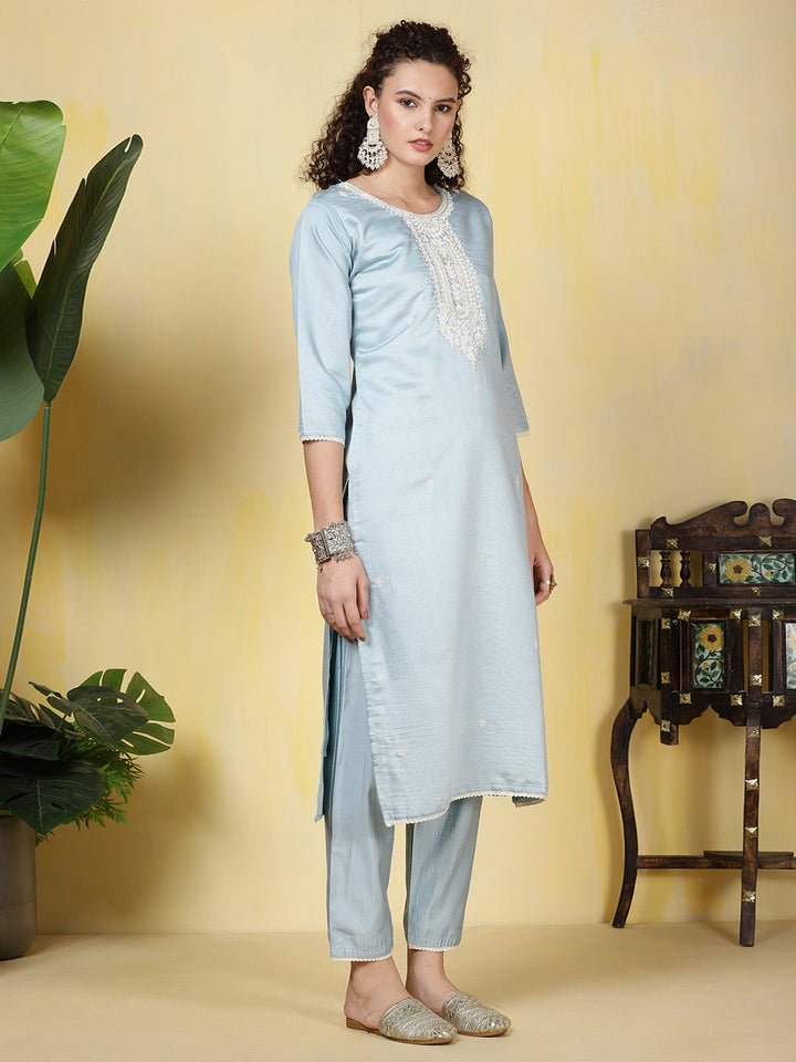 Neck Embroidered Cotton Blend Kurta With Pants &amp; Dupatta