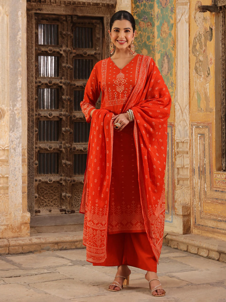 Red Cotton Blend Printed Straight Suit Set