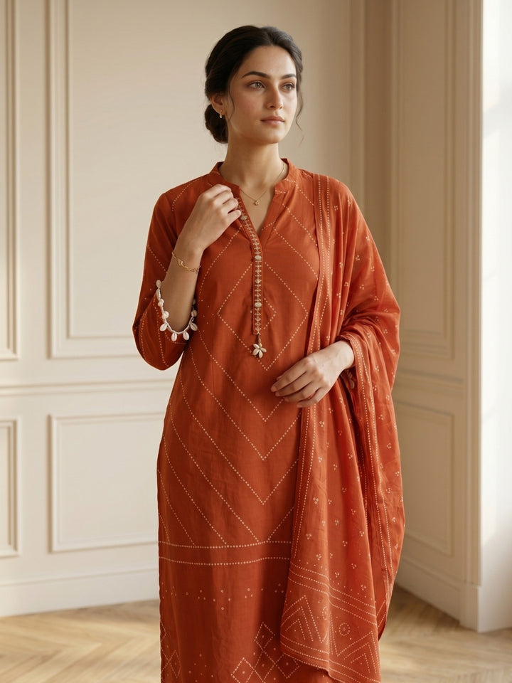Rust Embroidered Cotton Blend Straight V Neck Suit Set
