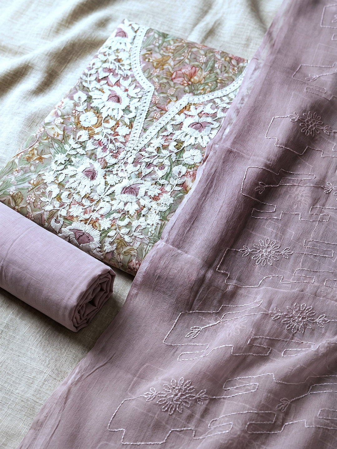 Neck Embroidered Cotton Blend Unstitched Suit With Dupatta