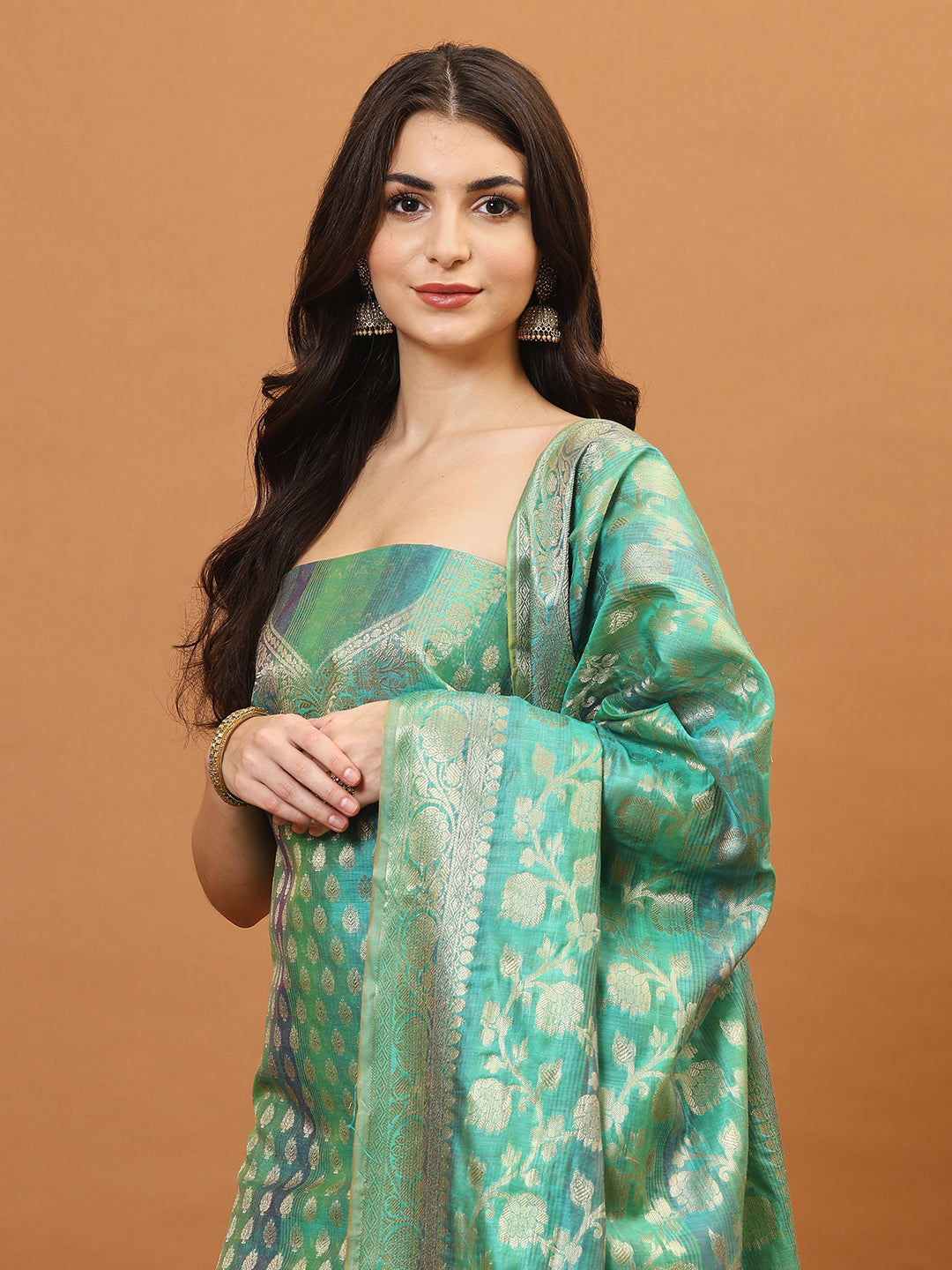 Woven Banarasi Chanderi Unstitched Suit With Dupatta