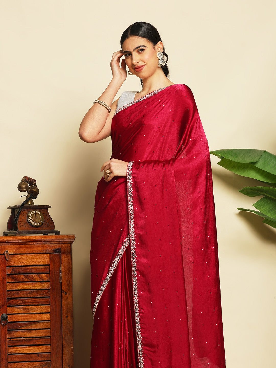 Stone &amp; Mirror Embellished Chinon Saree
