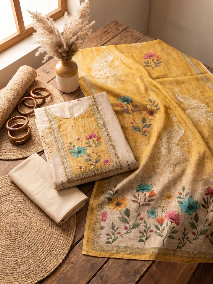 Printed Linen Unstitched Suit With Dupatta