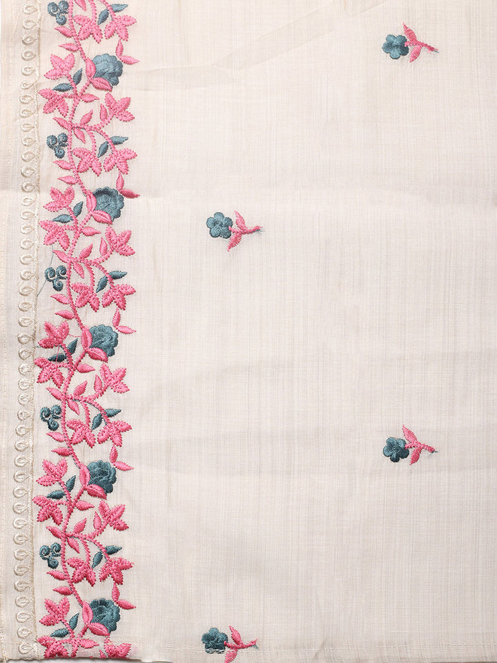 Embroidered Tussar Silk Unstitched Suit With Pant &amp; Dupatta