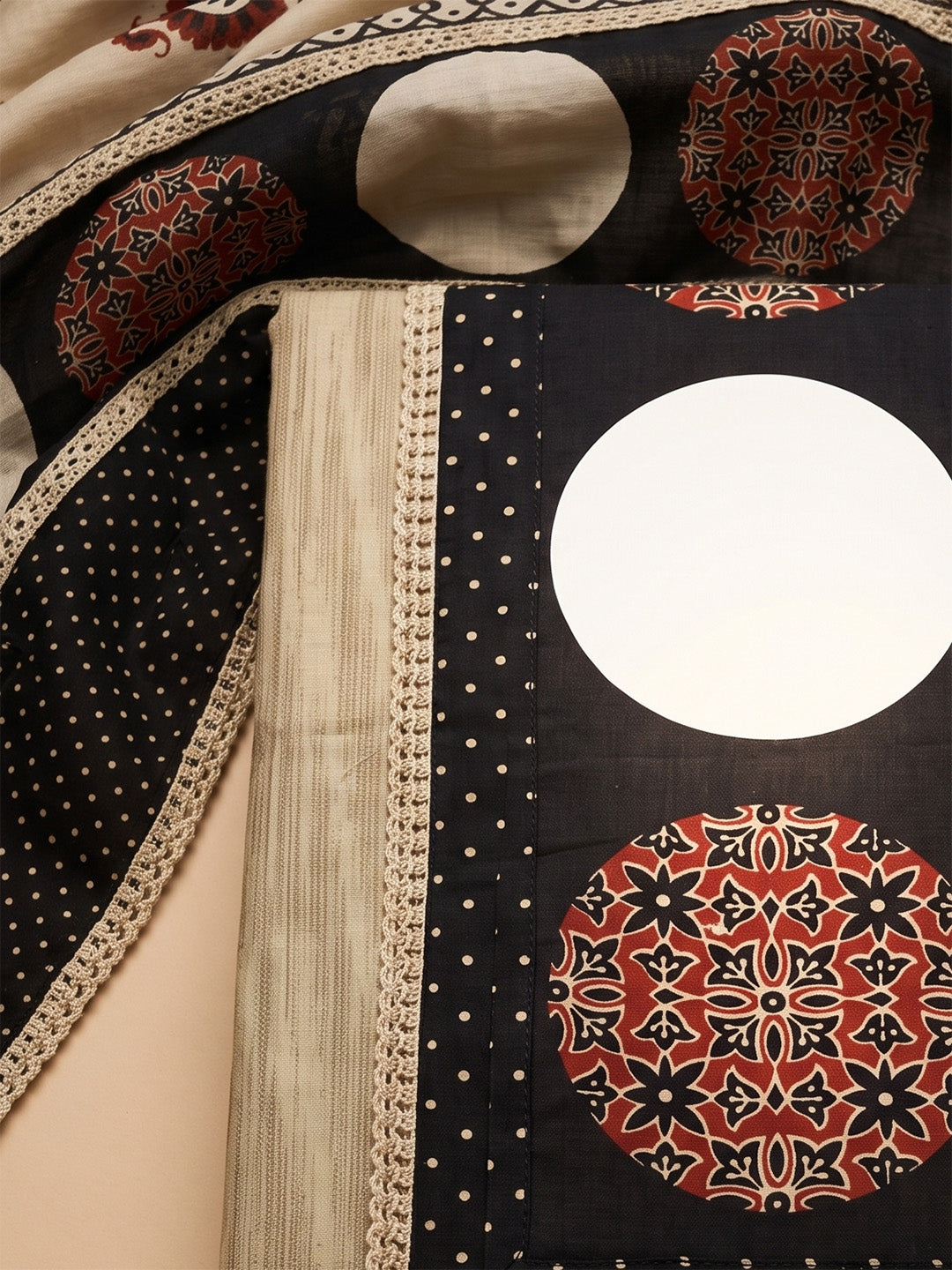 Beige Cotton Blend Embroidered Unstitched Dress Material